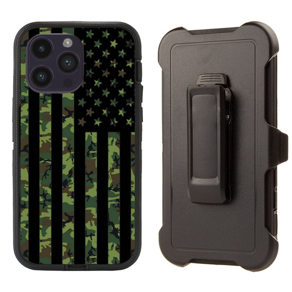 Shockproof Case for Apple iPhone 15 Pro Clip Rugged Heavy Duty Military Camouflage Flag