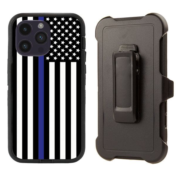 Shockproof Case with Clip for Apple iPhone 15 Pro Max Thin Blue Line Flag