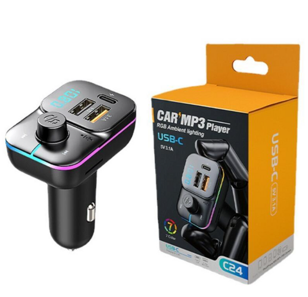 C24 New Dual USB Car kit fast Charger FM Transmitter Bluetooth Adapter Wireless Handsfree Stereo Mp3 Player Colorful Lights FM Modulator