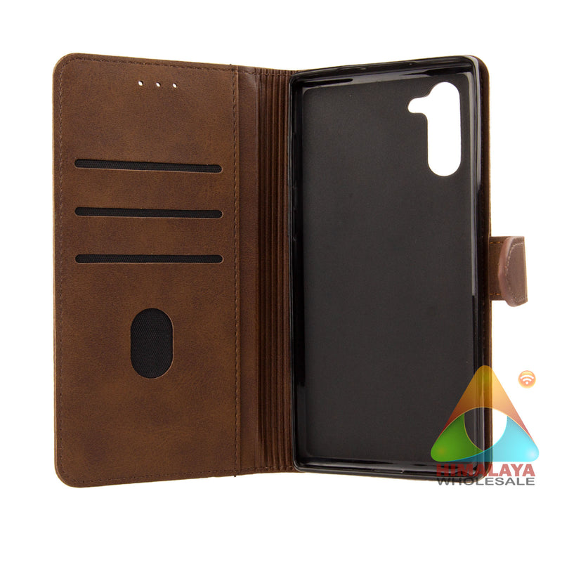 Premium Synthetic Leather Wallet Case for Samsung Galaxy Note 10 Credit Card Holder Brown Stand
