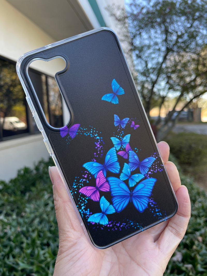 Hard Shockproof Case Cover for Samsung S23 Plus 5G Blue Butterfly on Black