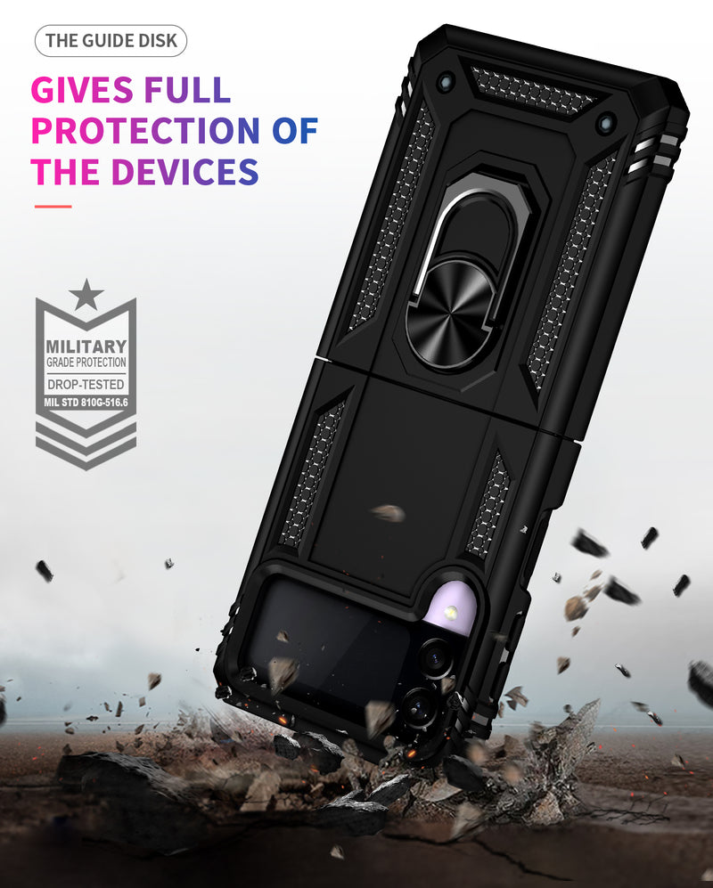 For Samsung Z Flip 4 Armor Magnetic Case Hybrid Metal Ring Holder Stand Black