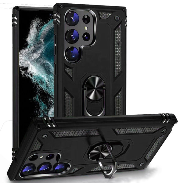 For Samsung S23 Ring Magnetic Kickstand Hybrid Case Cover - Black