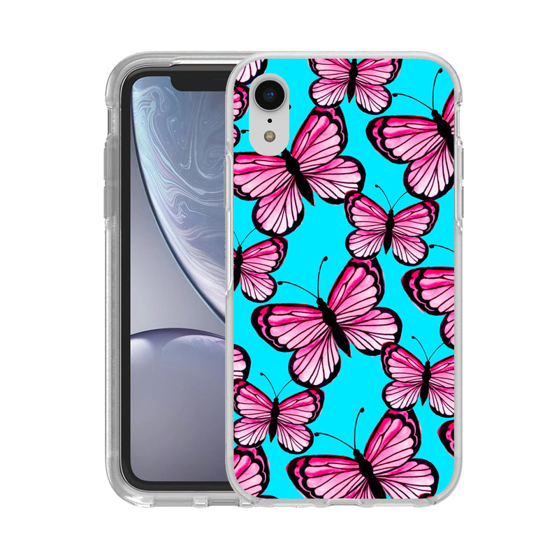 Hard Acrylic Shockproof Antiscratch Case Cover for Apple iphone XR Pink Butterfly on Blue