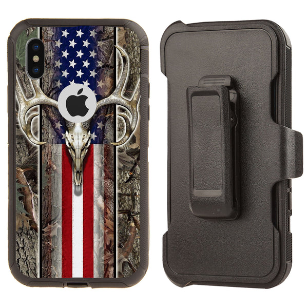 Shockproof Case for Apple iPhone X/XS Deer Skull USA Flag Rugged Heavy Duty