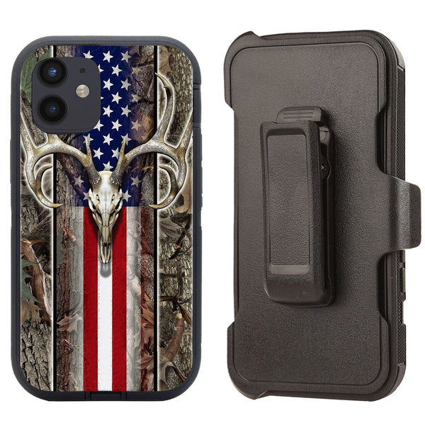 Shockproof Case for Apple iPhone 12 Mini 5.4" Deer Skull USA Flag Rugged Heavy