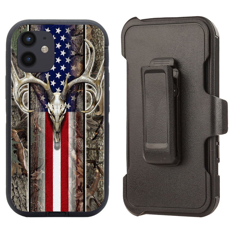 Shockproof Case for Apple iPhone 12 Mini 5.4" Deer Skull USA Flag Rugged Heavy