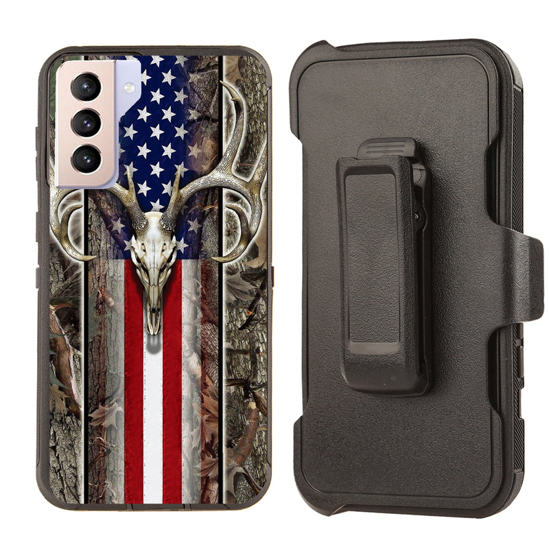 Shockproof Case for Samsung Galaxy S21 + Plus Deer Skull USA Flag Rugged Heavy