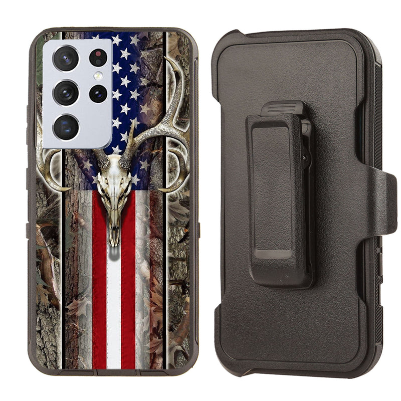 Shockproof Case for Samsung Galaxy S21 Ultra Deer Skull USA Flag Rugged Heavy