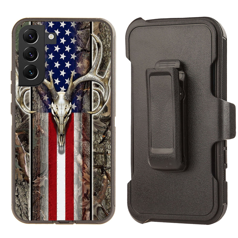 Shockproof Case for Samsung Galaxy S22 Deer Skull USA Flag Rugged Heavy Duty