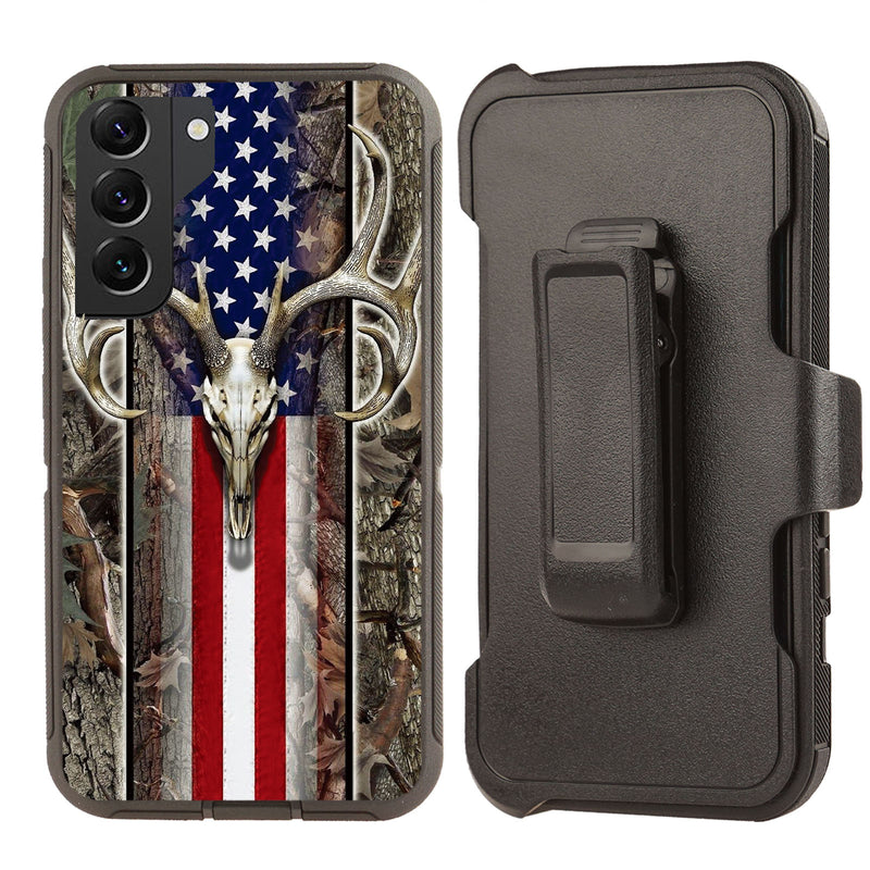 Shockproof Case for Samsung Galaxy S22+ PLUS Deer Skull USA Flag Rugged Heavy