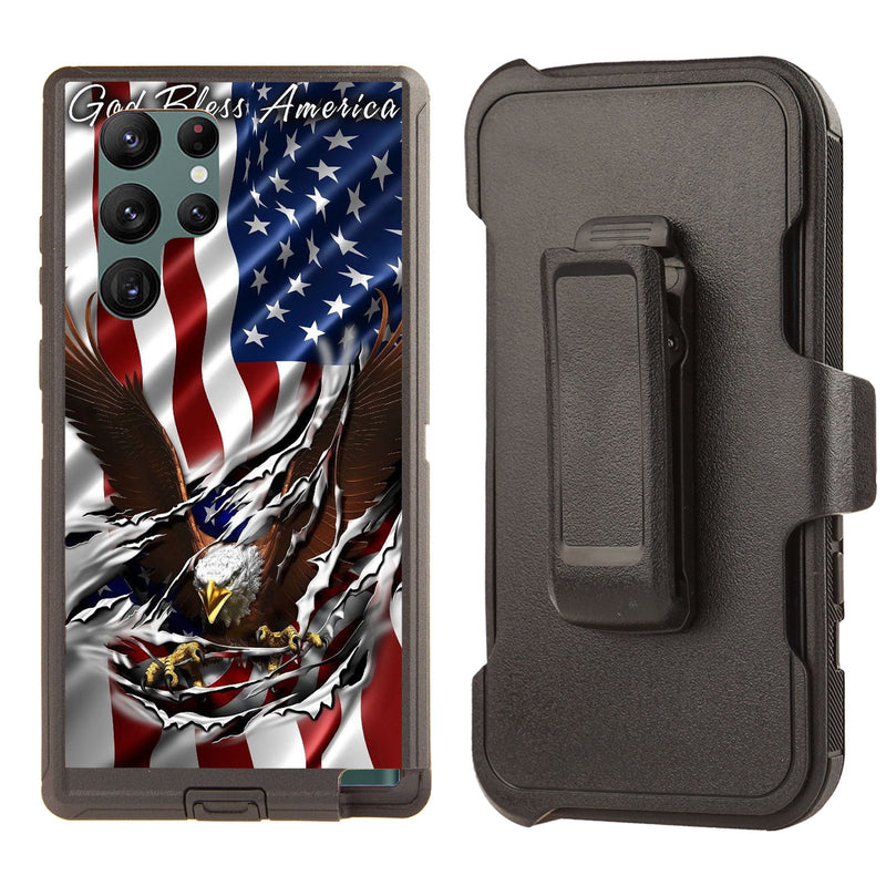 Shockproof Case for Samsung Galaxy S23 Ultra with Clip Eagle Ripped Flag