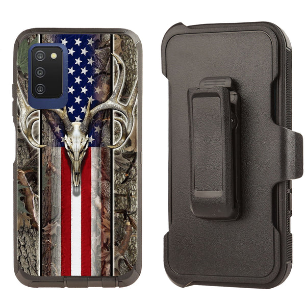 Shockproof Case for Samsung Galaxy A03S Deer Skull USA Flag Rugged Heavy Duty