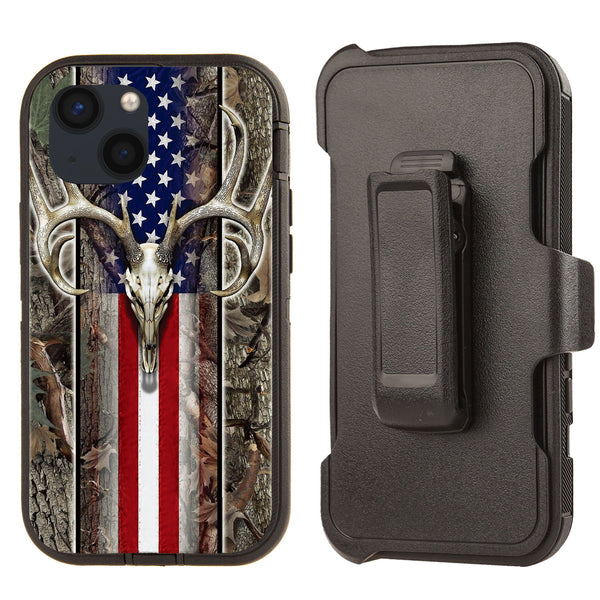 Shockproof Case for Apple iPhone 14 Deer Skull USA Flag Rugged Heavy Duty
