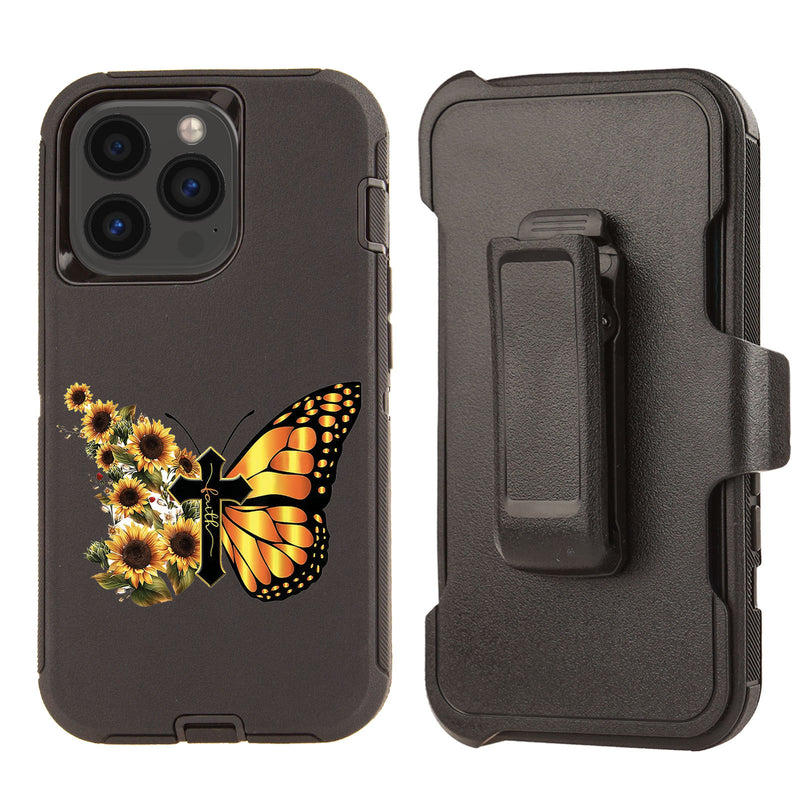 Shockproof Case for Apple iPhone 13 Pro Rugged Heavy Duty Butterfly Faith Cross