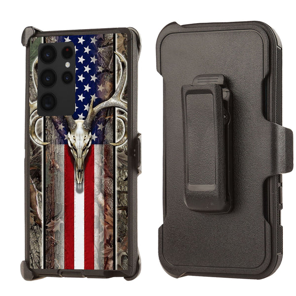 Shockproof Case for Samsung Galaxy S22 Ultra Deer Skull USA Flag Rugged Heavy