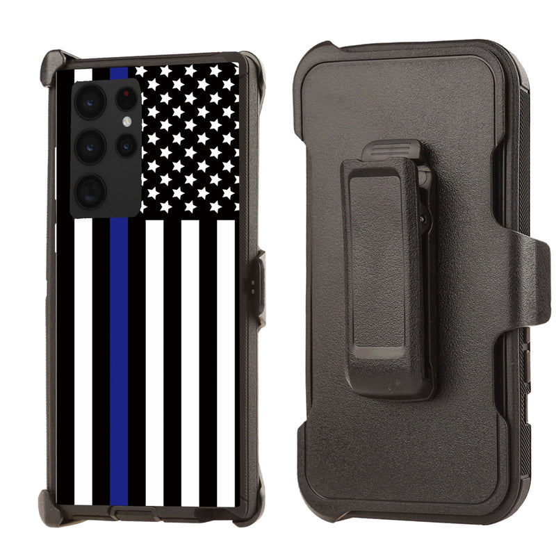 Shockproof Case for Samsung Galaxy S23 Ultra with Clip Thin Blue Line Flag