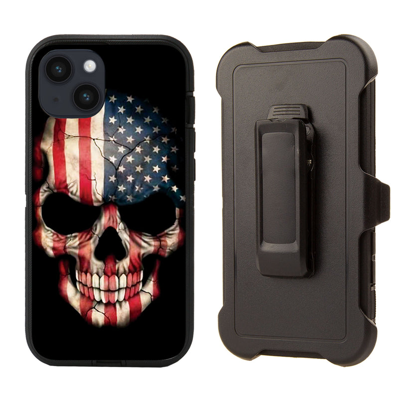 Shockproof Case for Apple iPhone 14 Skull USA Flag Cover Rugged Heavy Duty