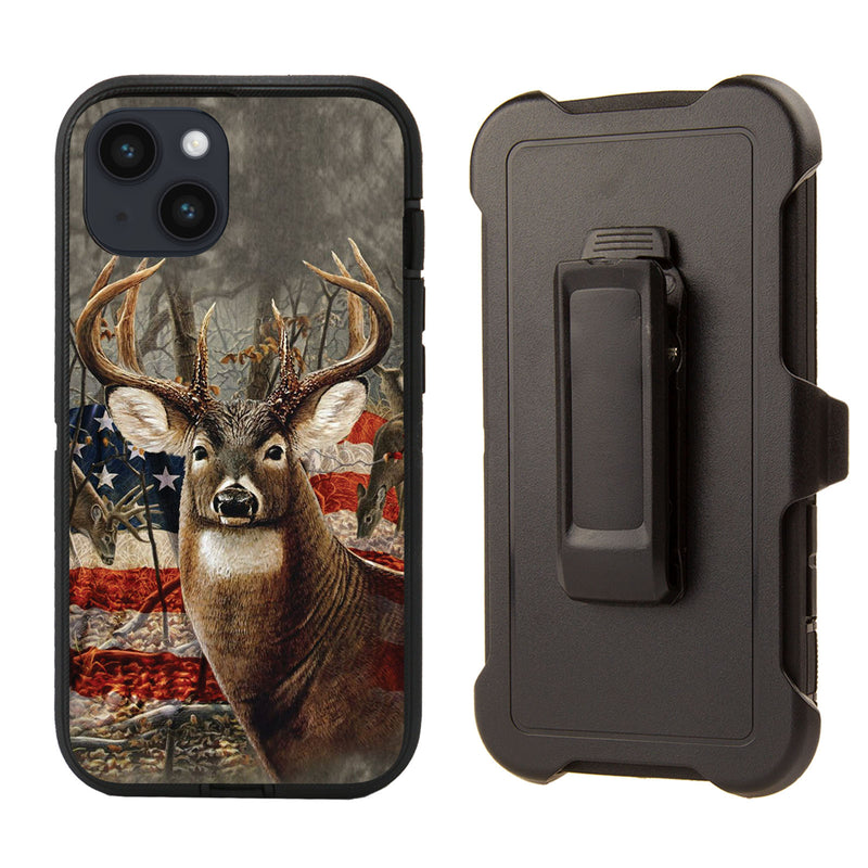 Shockproof Case for Apple iPhone 14 Deer Camouflage USA Flag Cover Rugged