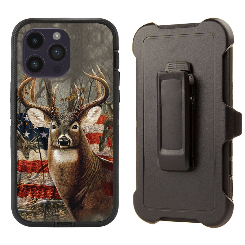 Shockproof Case for Apple iPhone 14 Pro Deer Camouflage USA Flag Cover Rugged