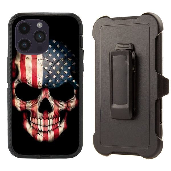 Shockproof Case for Apple iPhone 14 Pro Skull USA Flag Cover Rugged Heavy Duty
