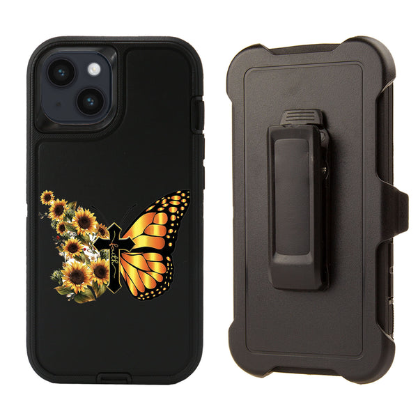 Shockproof Case for Apple iPhone 14 Plus/15 Plus Butterfly Cross Sunflower Sun Flower