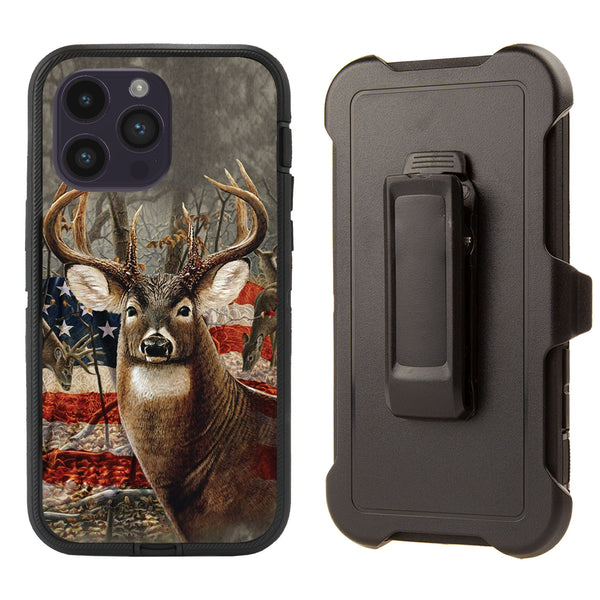 Shockproof Case for Apple iPhone 14 Pro Max Deer Camouflage USA Flag Cover