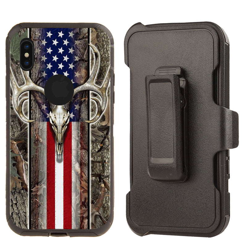 Shockproof Case for Apple iPhone XS Max Deer Skull USA Flag Rugged Heavy Duty