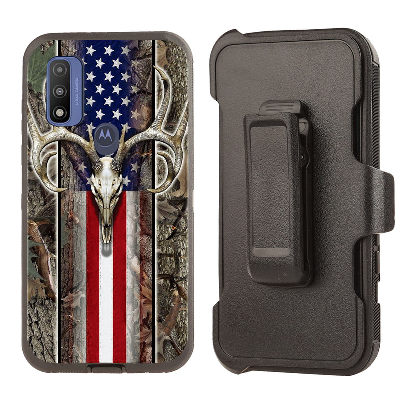 Shockproof Case for Motorola Moto G Power 2022/ G Pure/G Play (2023) Clip Deer Skull USA Flag